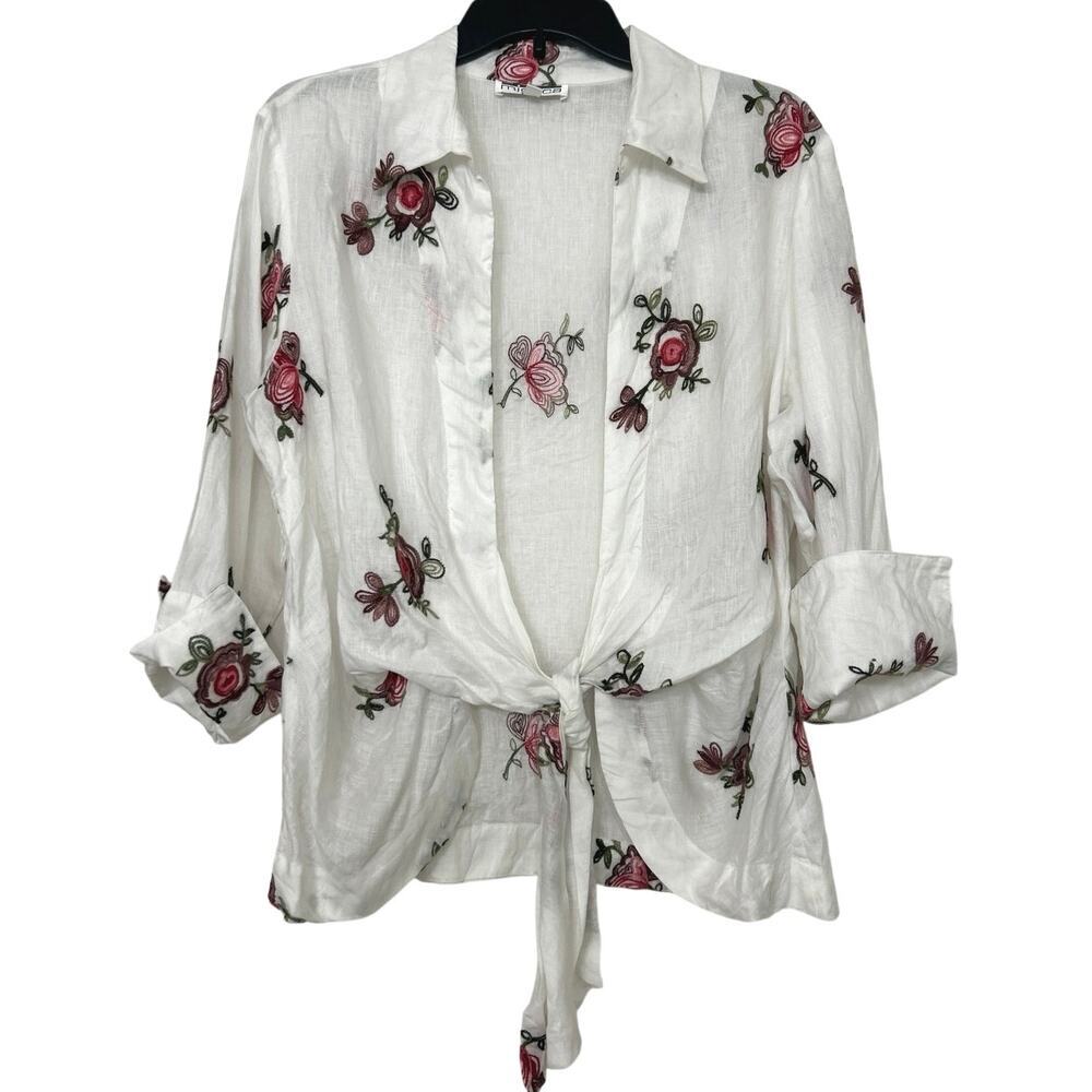 Mishca Linen Floral Embroidered Open Tie Front Top Cottage Boho Romantic  L
